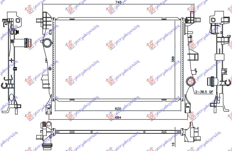 Hladnjak motora 1.4 TURBO benzin/1.3-1.6 MJTD dizel. ručni/automatski. pogon na dva/sva četiri kotača (620x388x16) (NRF)