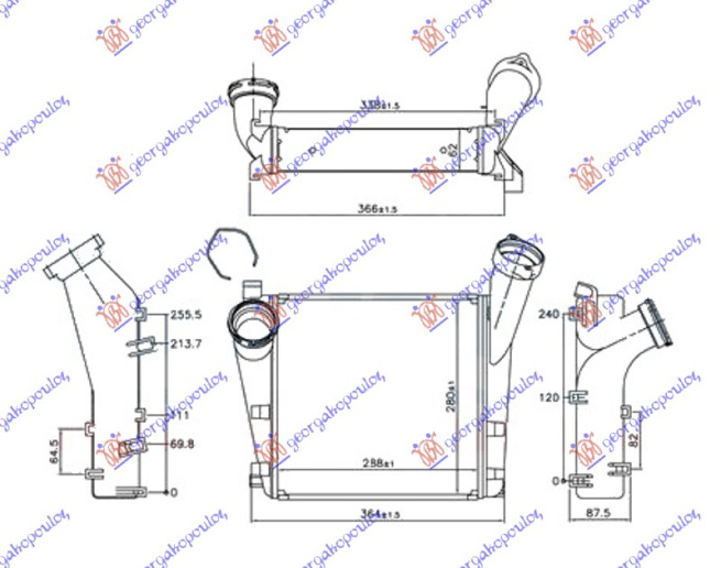 INTERCOOLER 4.8 TURBO-S (288x280x62) SVE ALUMINIJ (Φ66/53)