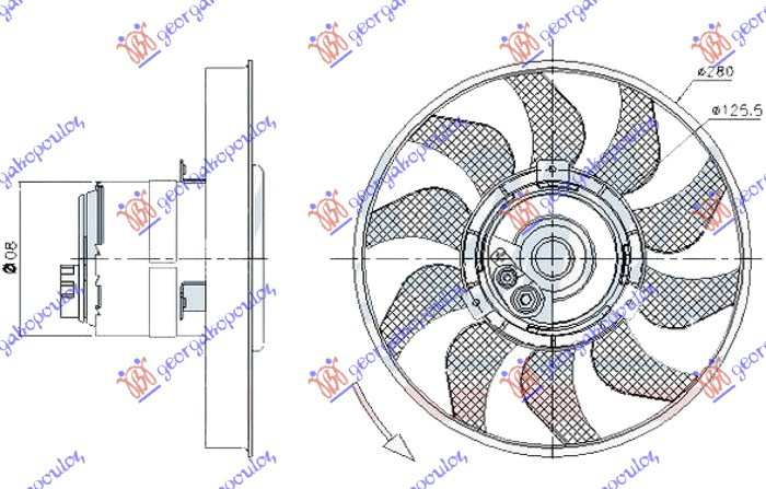 ventilator (motor + ventilator) (2pin) (280mm) (s O kabel)