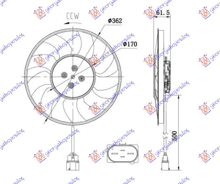 ventilator (motor + elisa ) 2.0 TFSI  benzin - 3.0-4.0 TDI - 3.0 TDI HYBRID dizel (370mm) (400W) (4 pins) (lijevi)