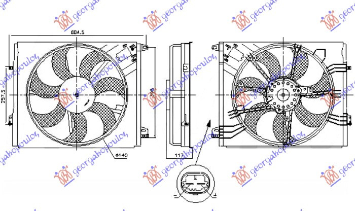 ventilator komplet (jednostruki) 1.2-1.3  benzin - 1.5-1.6-1.7 dizel (440mm) (2 pina) (250W) (VALEO)